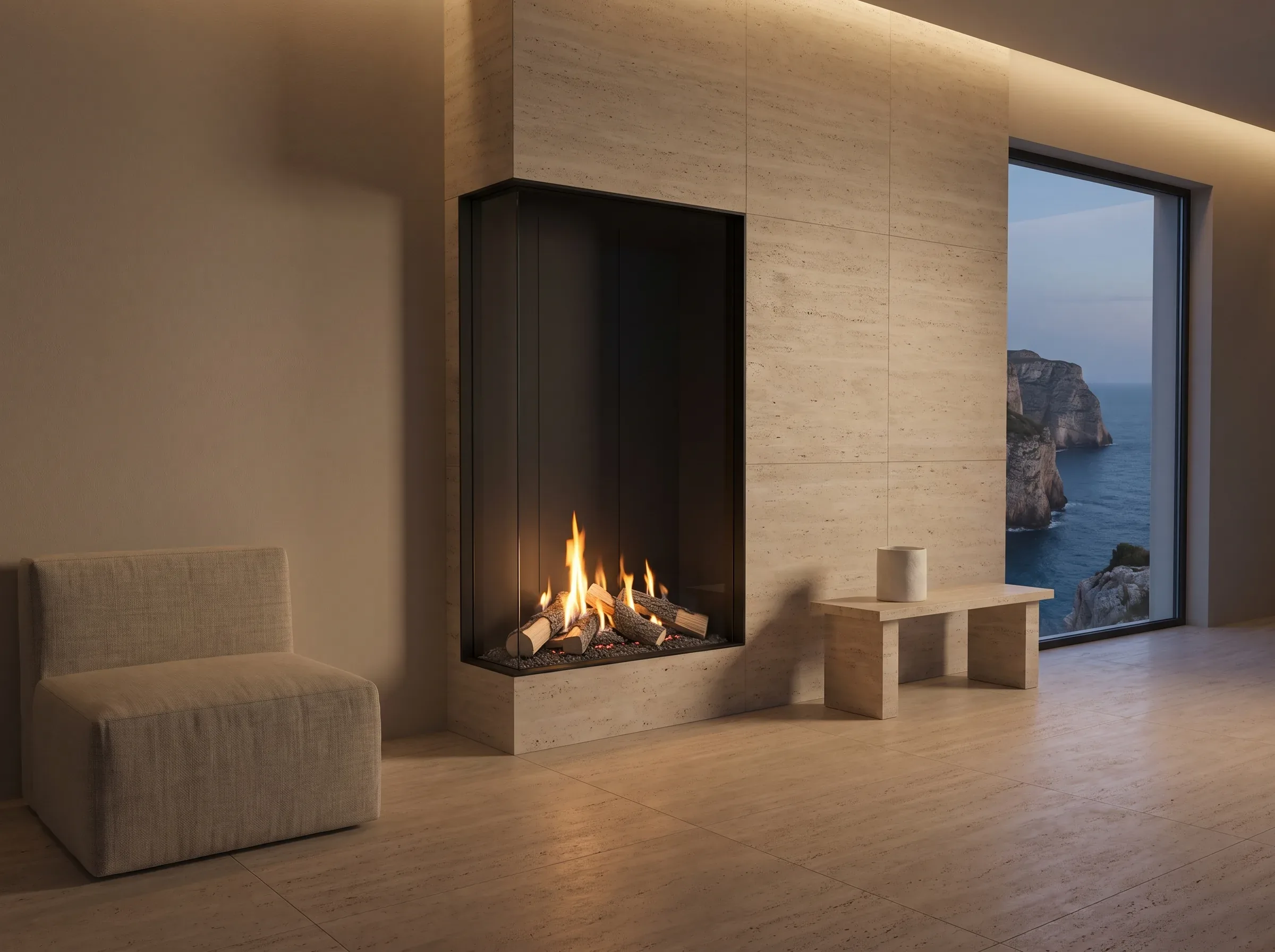 Chimenea Fuegolo alta encastrada en una pared de travertino, con el marco de acero casi invisible alrededor de la llama