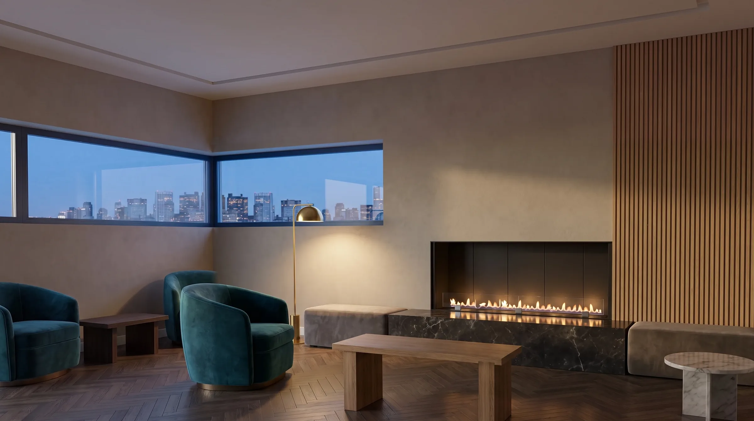 Chimenea de bioetanol Fuegolo con una llama que nace del quemador, encastrada en la pared de un piso