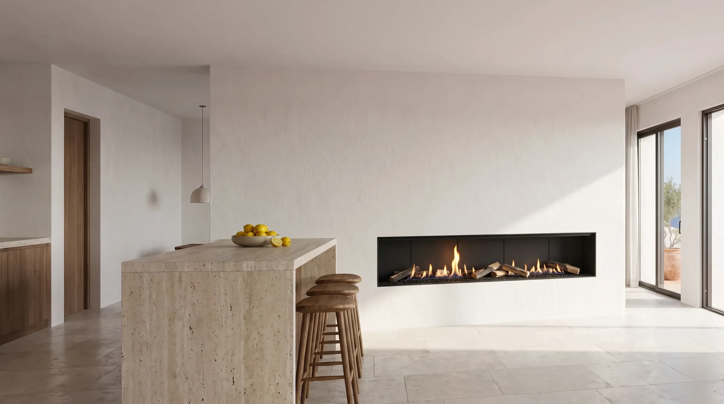 Chimenea de gas Fuegolo con llamas que se elevan entre troncos cerámicos, encastrada en una pared de yeso blanco
