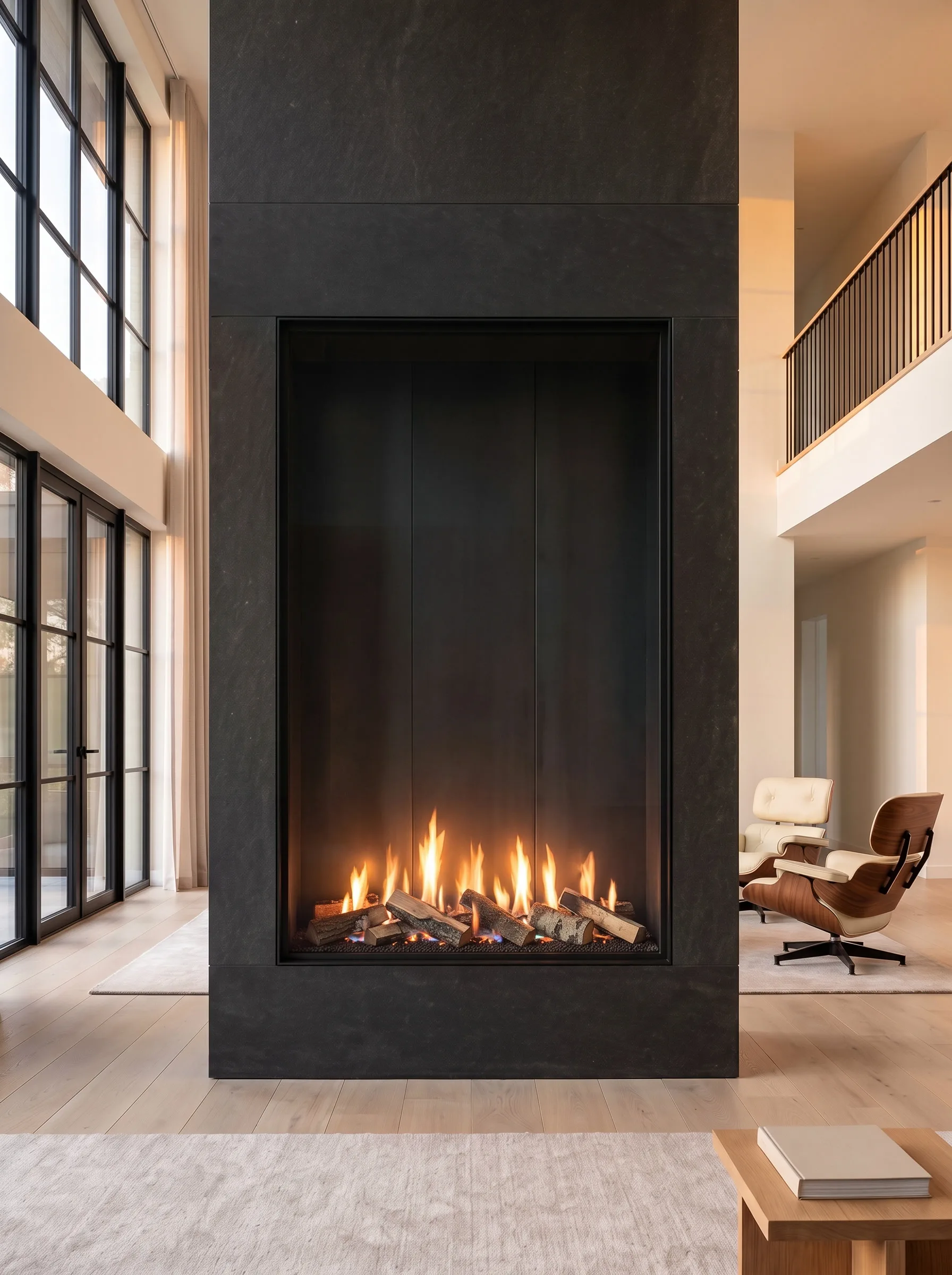 Chimenea de gas Fuegolo FGH3 que se eleva en un vestíbulo de escalera de doble altura, con llamas entre troncos cerámicos