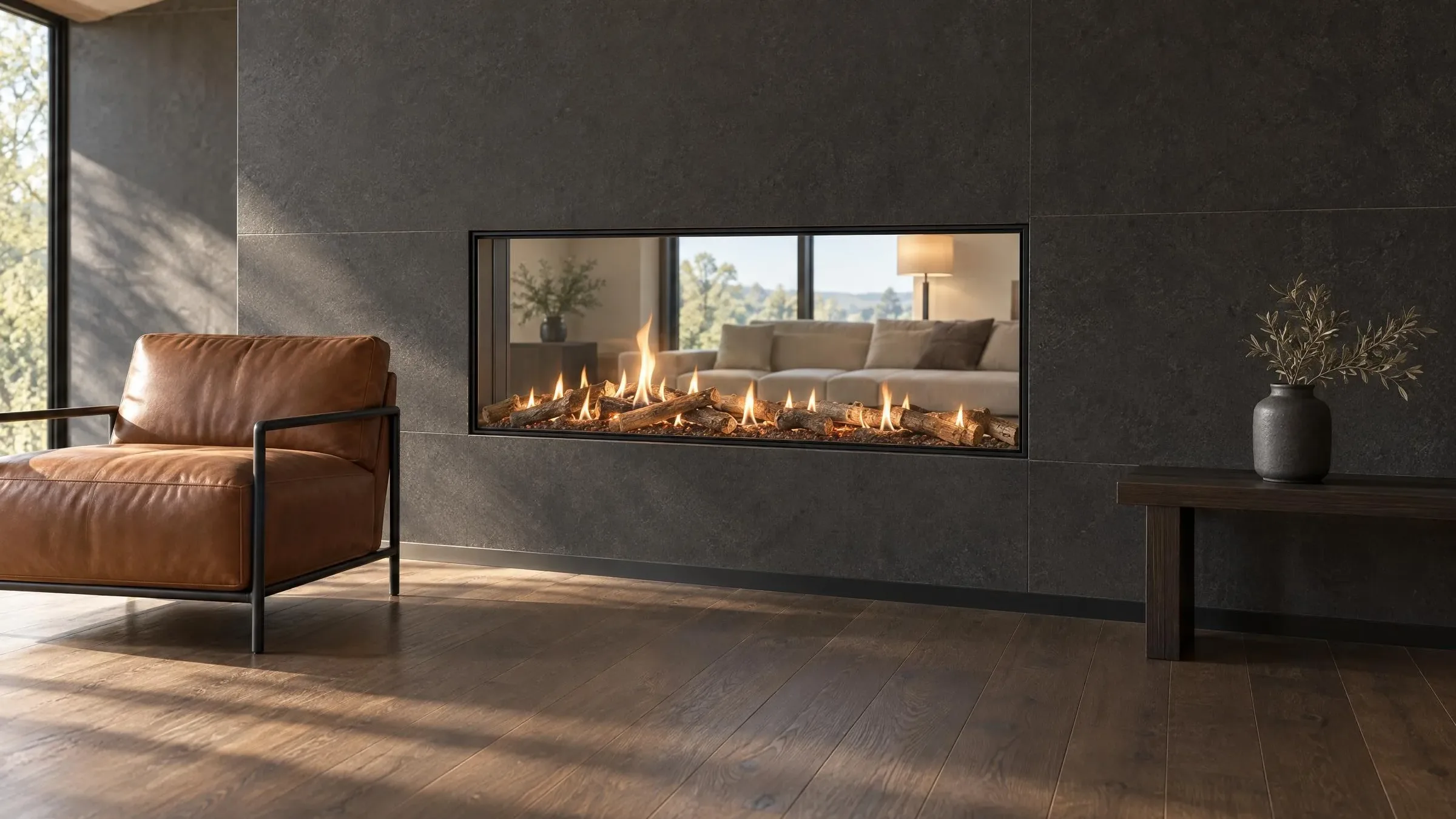 Salón con una chimenea de gas Fuegolo alargada, con llamas entre troncos cerámicos, encastrada en una pared de piedra