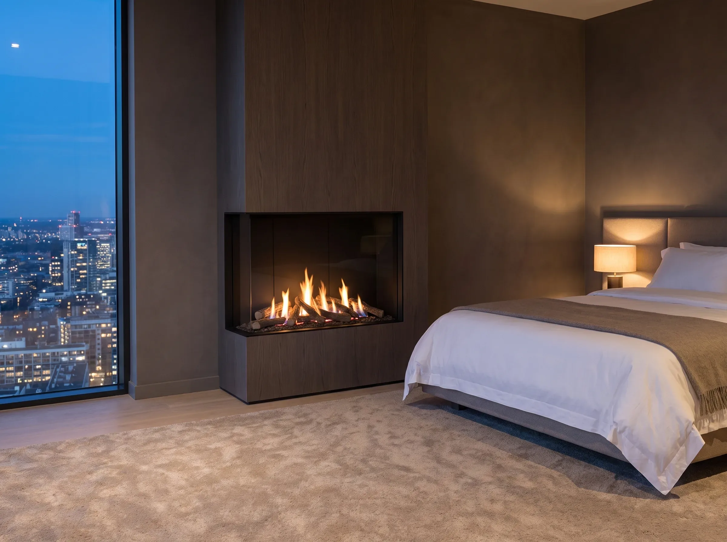 Chimenea de gas Fuegolo FGH1 Corner en una suite de hotel