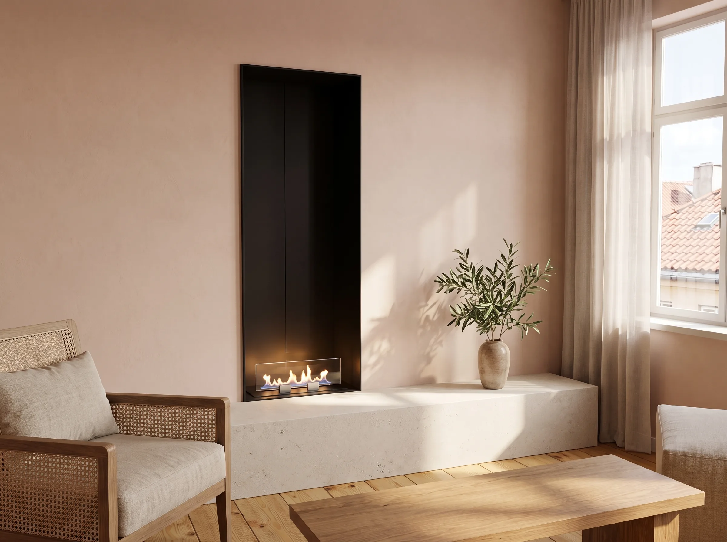 Fuegolo FEH3 UNO 600, chimenea de bioetanol, en una estancia amueblada