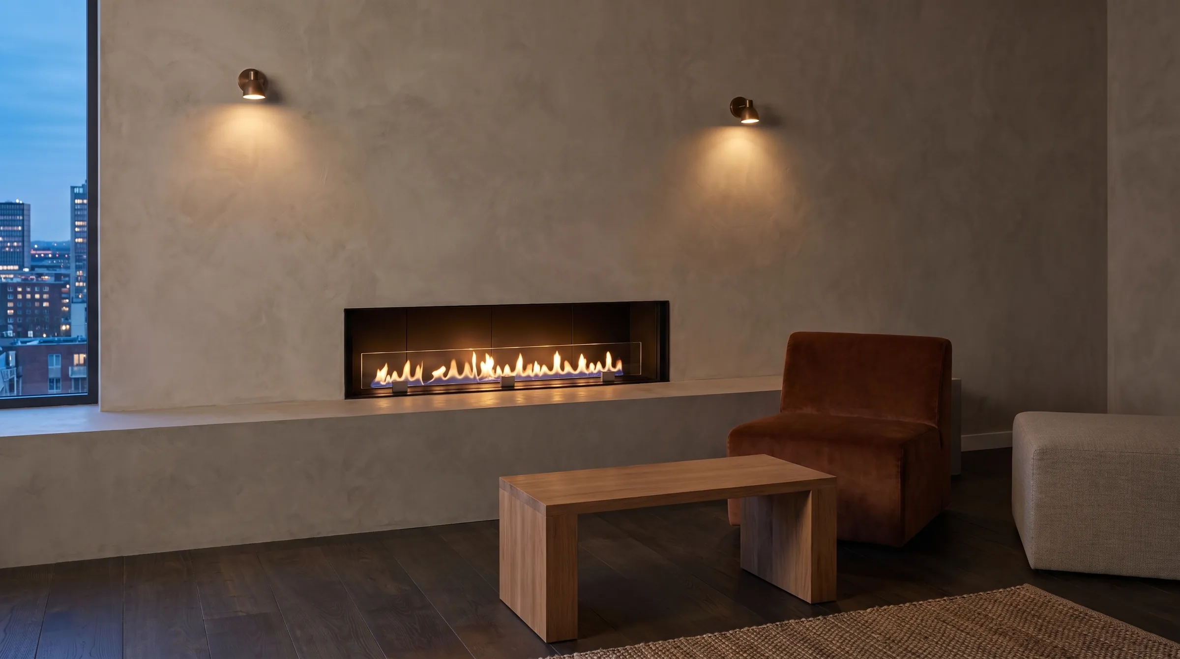 Fuegolo FEP UNO 1400, chimenea de bioetanol, en una estancia amueblada