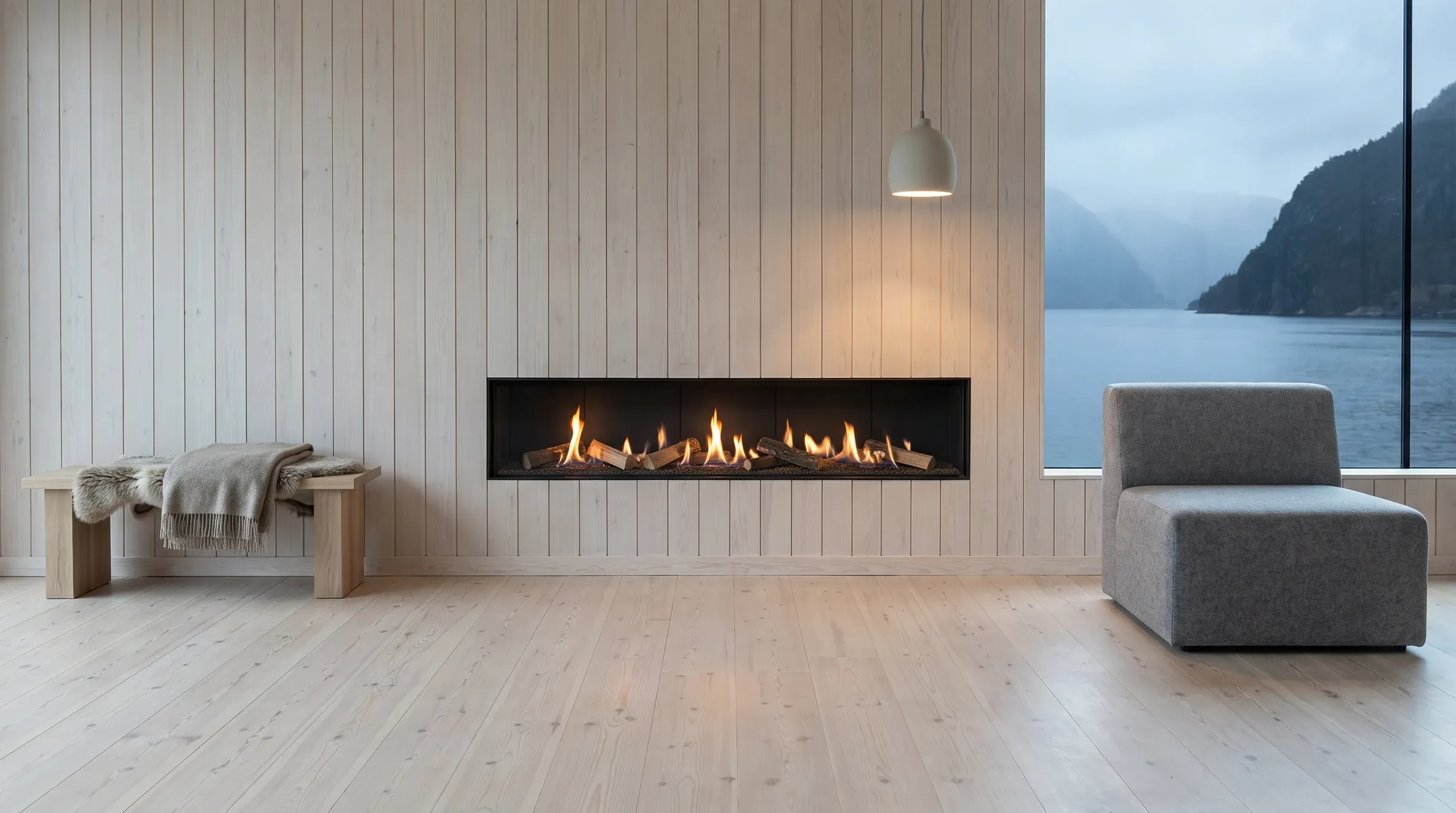 Fuegolo FGP UNO 1800, chimenea de gas, en una estancia amueblada