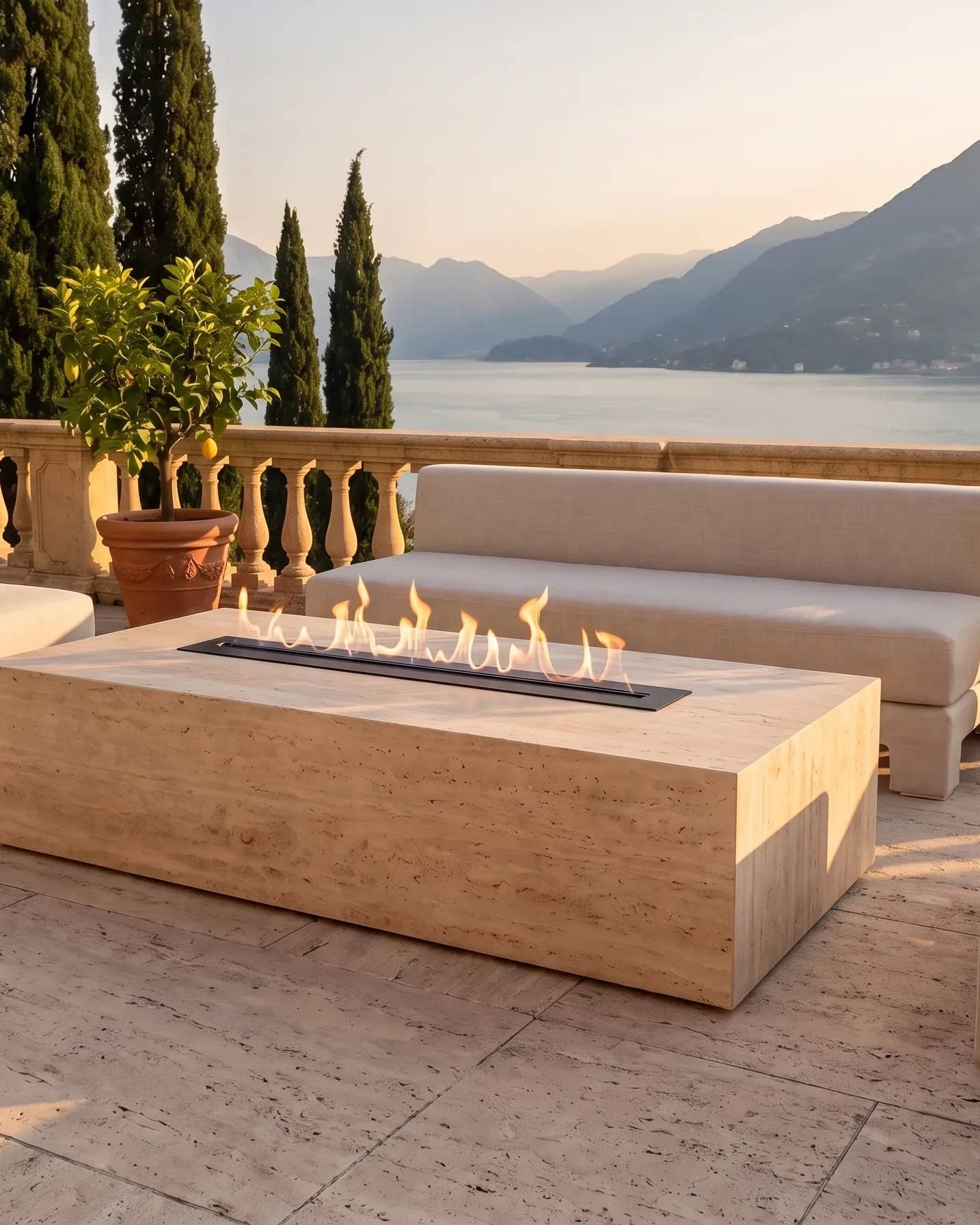 Quemador de bioetanol Fuegolo encastrado en una mesa de travertino, en una terraza junto a un lago, con la llama encendida