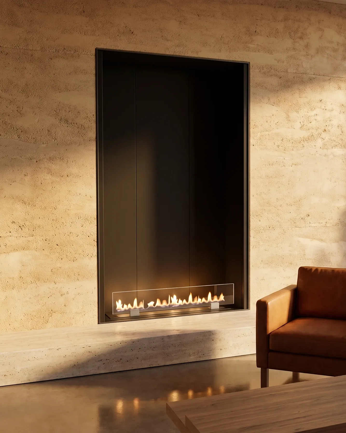 Chimenea de bioetanol Fuegolo FEH3 Uno 1000 en una pared de tapial, con una llama baja tras su pantalla de cristal, sobre una solera de travertino